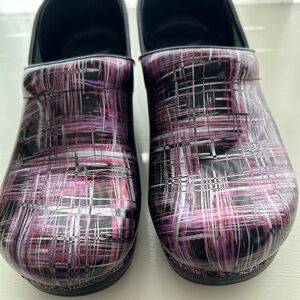 Dansko Black and Purple Patterned Mules